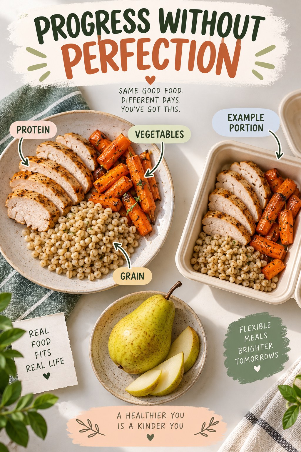 Progress Without Perfection visual using turkey, barley, roasted carrots, and pear as flexible example portions for Weight Loss Journey.
