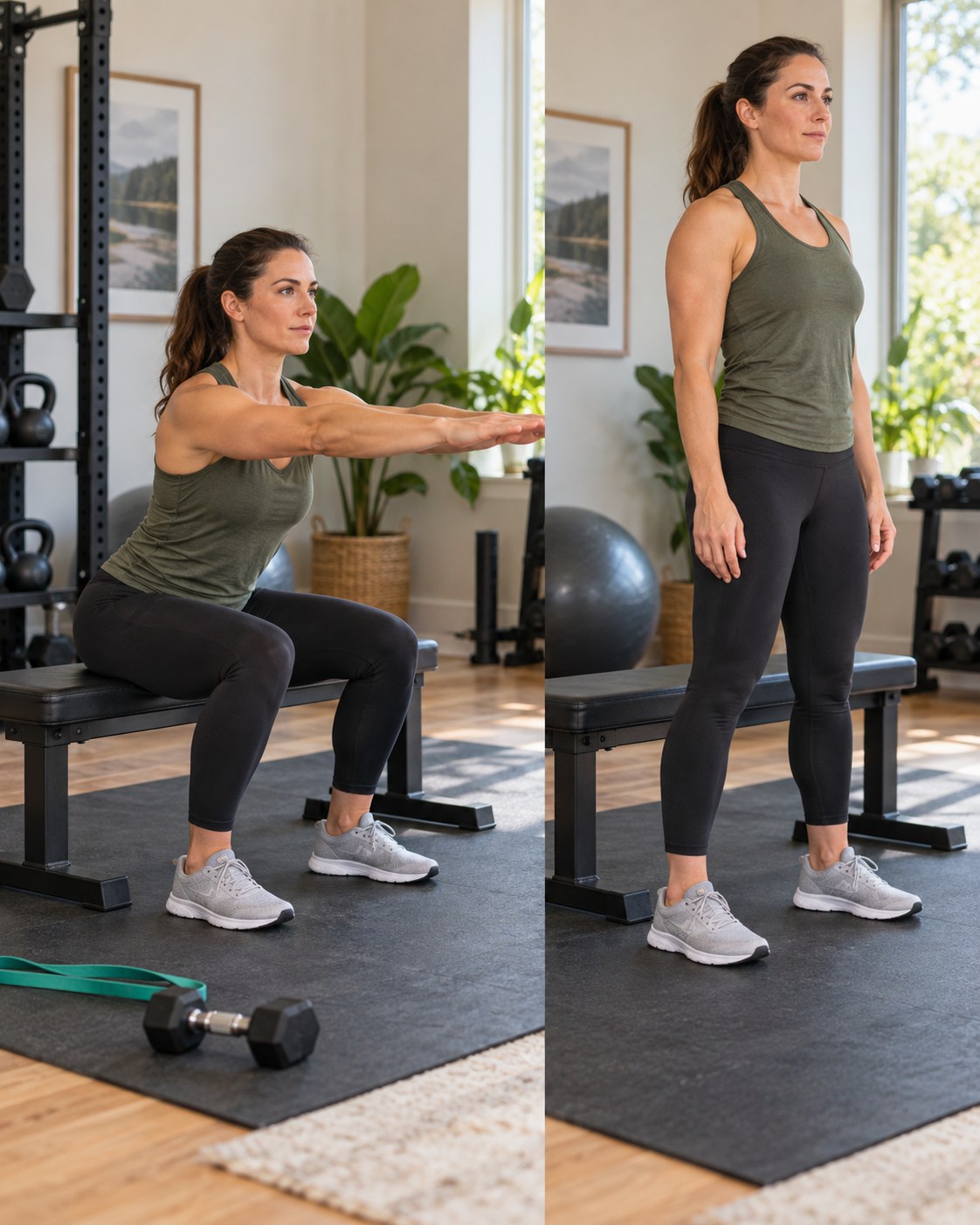 Adult practicing a controlled bodyweight squat to a sturdy bench with a band and dumbbell nearby