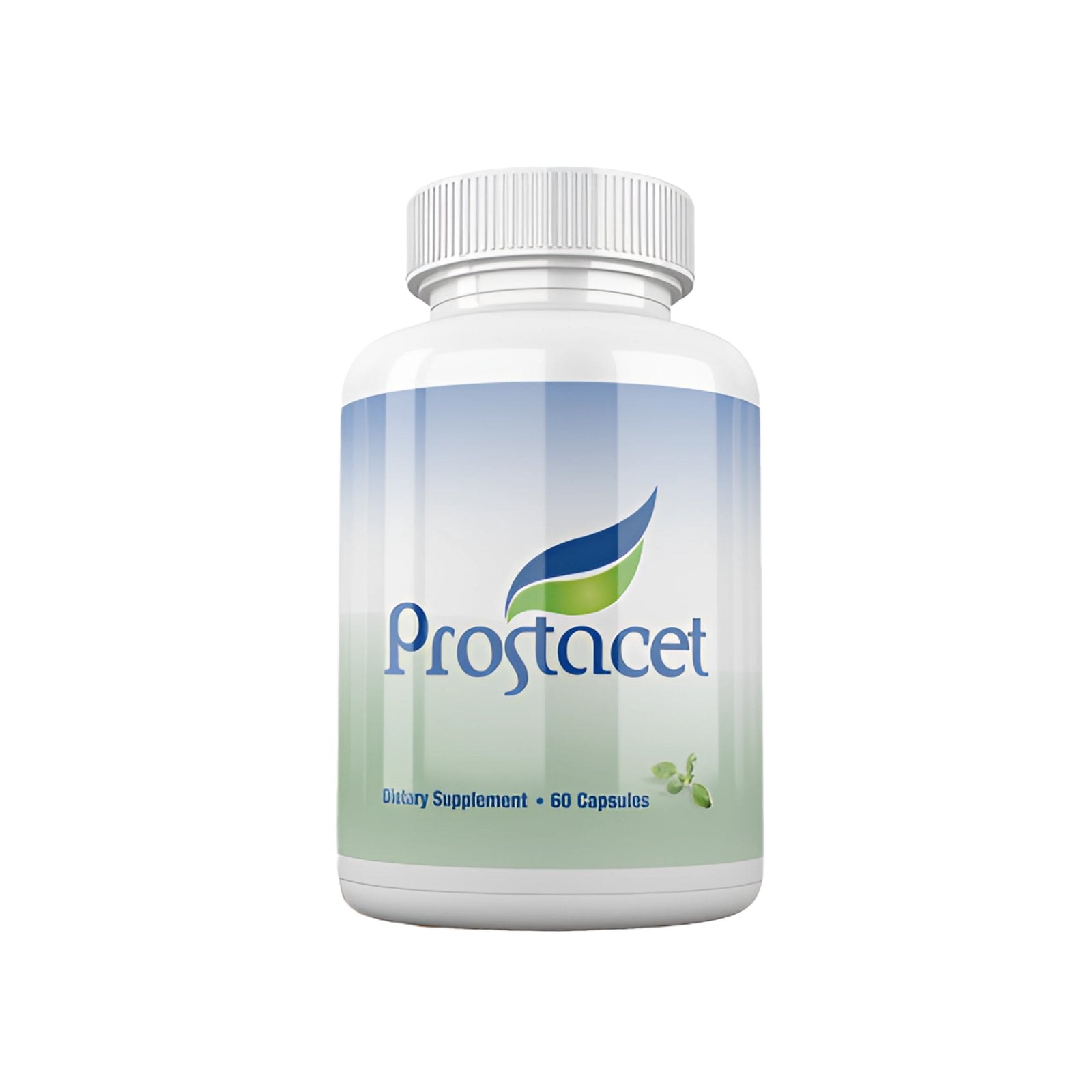 Prostacet white bottle with a blue and green label identifying a dietary supplement and 60 capsules