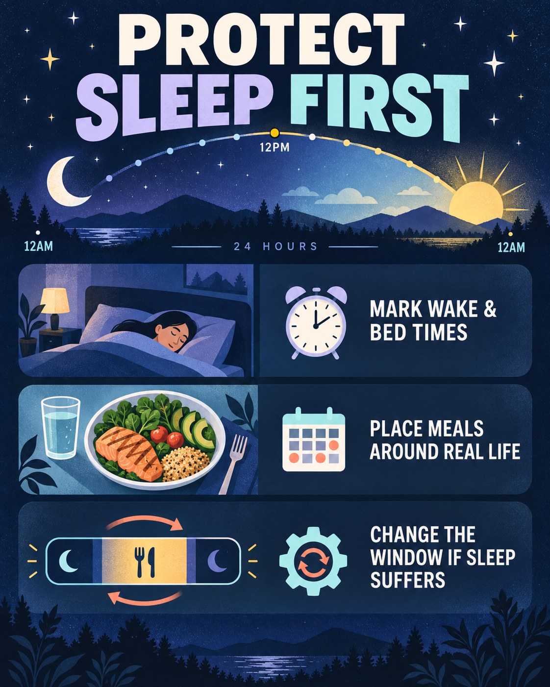 Midnight navy, lavender, aqua, yellow, and coral infographic linking sleep times, meals, and a flexible eating window.