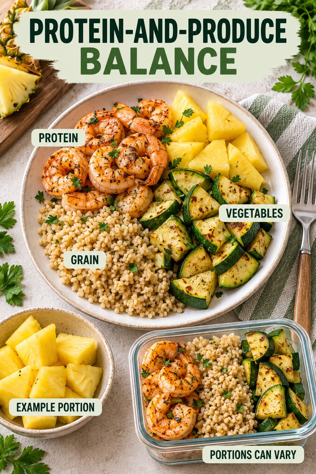 Protein-and-Produce Balance visual using shrimp, bulgur, zucchini, and pineapple as flexible example portions for High Protein Meals.