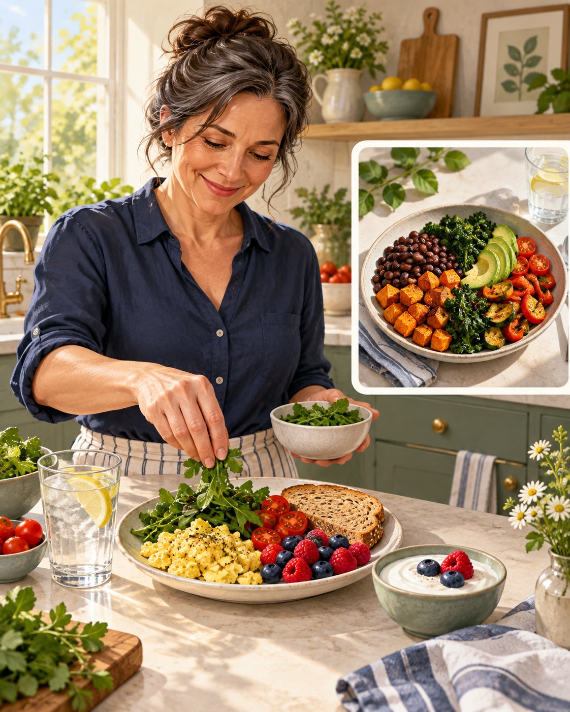 Middle-aged woman assembling eggs, greens, tomatoes, berries, yogurt, and whole-grain toast