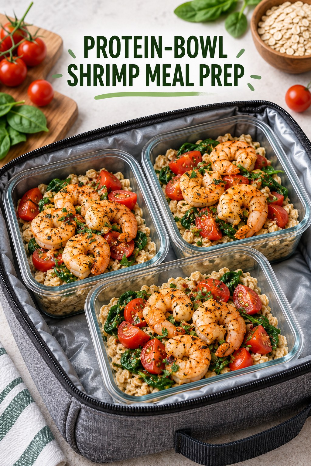 Three containers of protein-bowl shrimp oats prep boxes with shrimp, oats, spinach, and tomato.