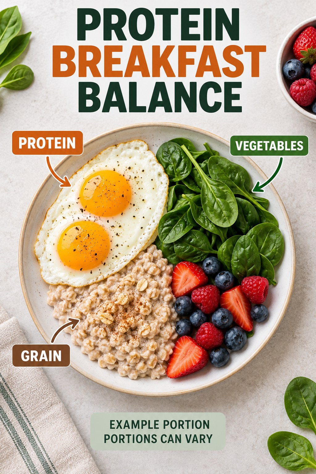Protein Breakfast Balance visual using eggs, oatmeal, spinach, and berries as flexible example portions for High Protein Breakfast.