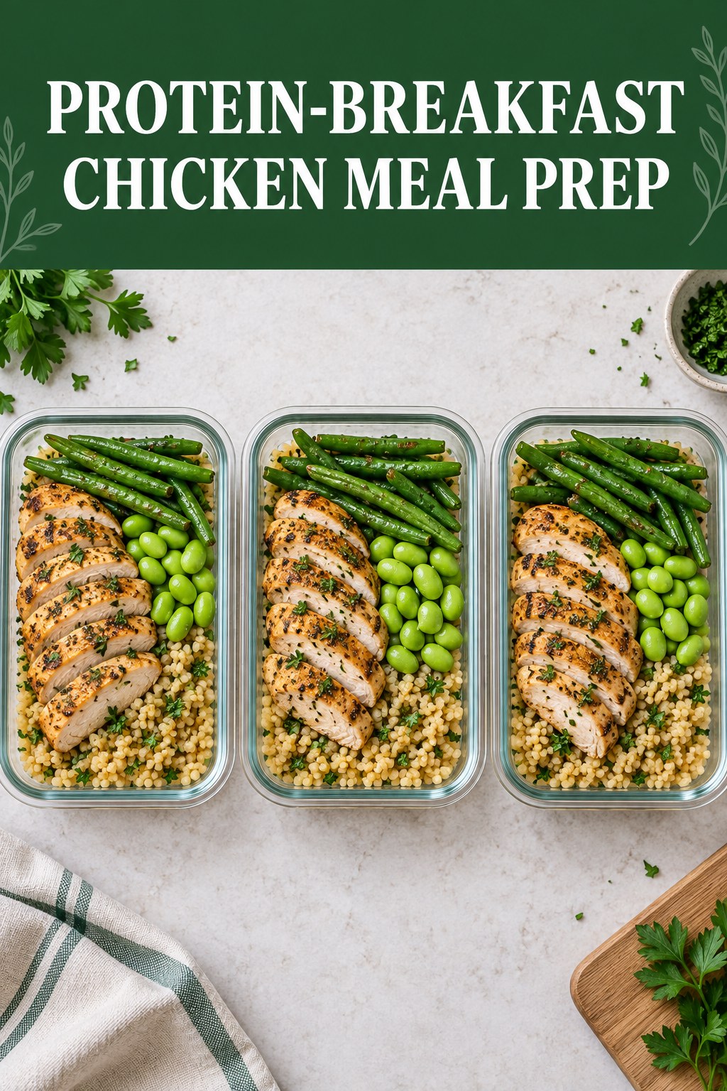Three containers of protein-breakfast chicken bulgur prep boxes with chicken, bulgur, edamame, and green beans.