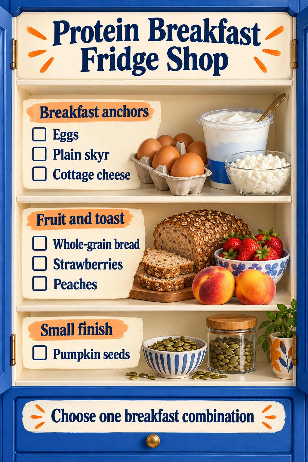 Ivory breakfast cabinet checklist with eggs, skyr, cottage cheese, bread, strawberries, peaches and pumpkin seeds.