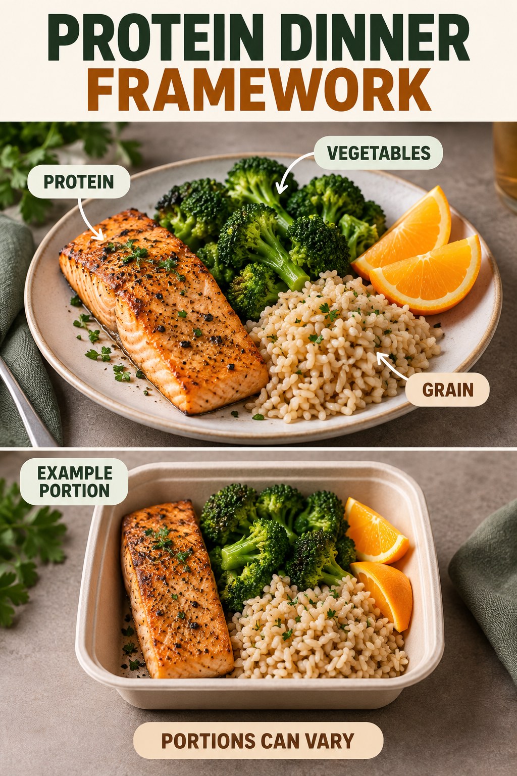 Protein Dinner Framework visual using salmon, brown rice, broccoli, and orange as flexible example portions for High Protein Dinner.