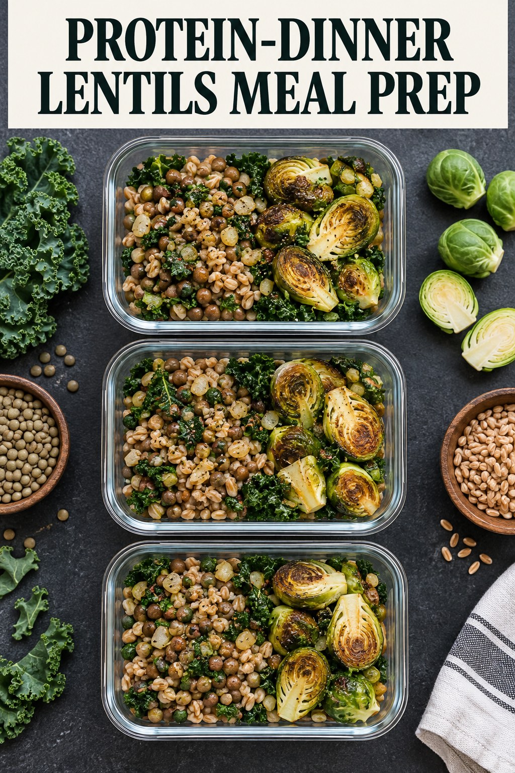 Three containers of protein-dinner lentils farro prep boxes with lentils, farro, kale, and Brussels sprouts.