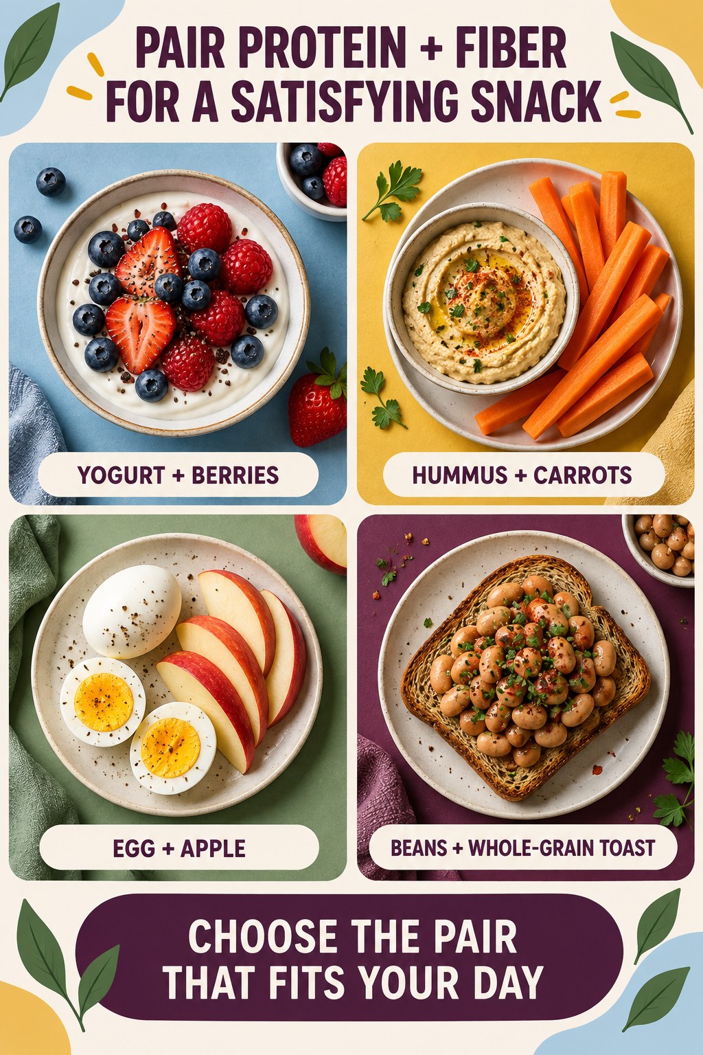 Portrait food infographic showing yogurt with berries, hummus with carrots, egg with apple, and beans with whole-grain toast as protein-and-fiber snack pairings.