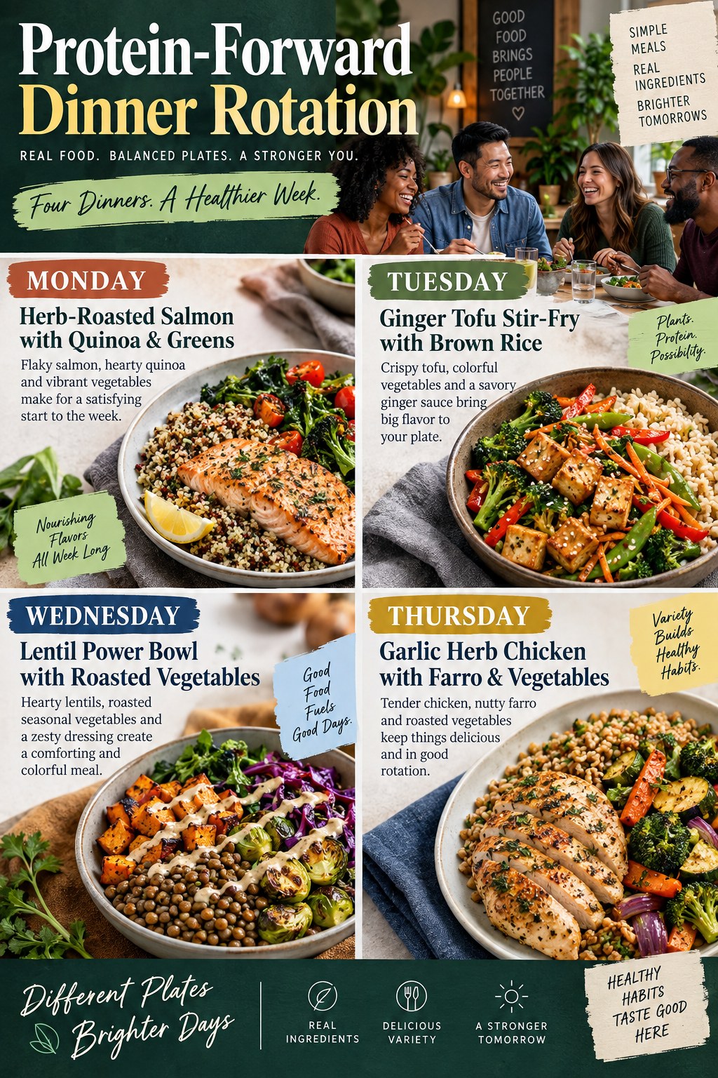 Portrait infographic showing a four-dinner rotation using salmon, tofu, lentils and chicken with grains, potatoes and colorful vegetables.