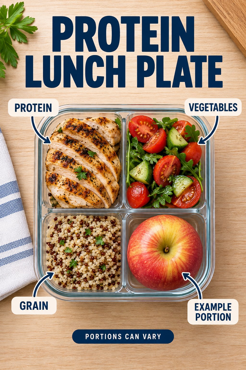 Protein Lunch Plate visual using grilled chicken, quinoa, tomato salad, and apple as flexible example portions for High Protein Lunch.