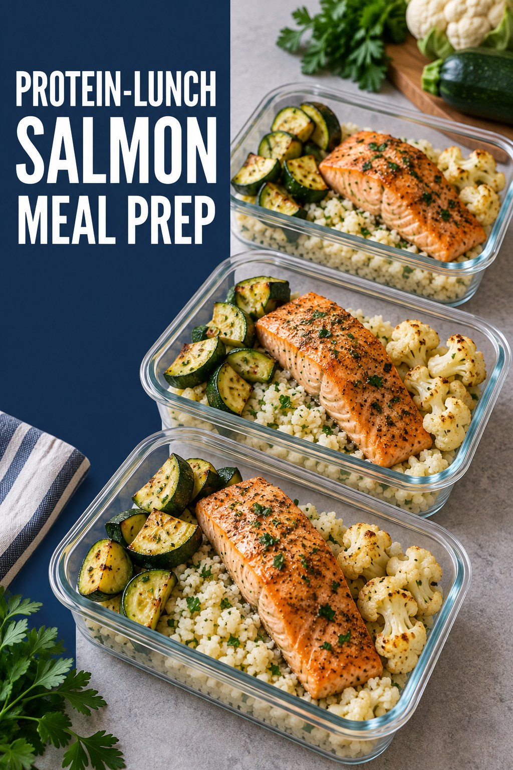 Three containers of protein-lunch salmon cauliflower rice prep boxes with salmon, cauliflower rice, zucchini, and cauliflower.