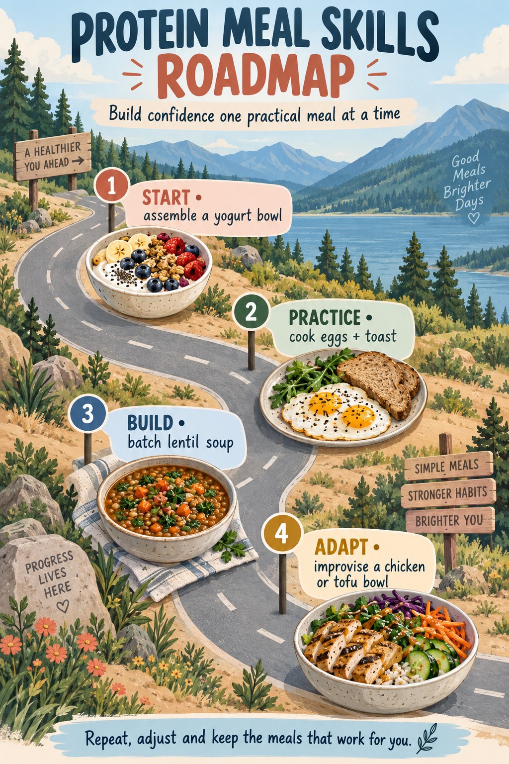 Roadmap infographic with a yogurt bowl, eggs and toast, lentil soup, and a chicken or tofu grain bowl