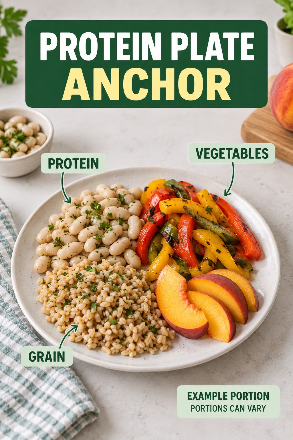 Protein Plate Anchor visual using white beans, corn, peppers, and peach as flexible example portions for High Protein Meals.