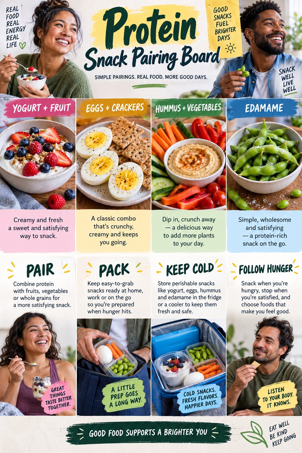 Portrait infographic showing protein-plus-fiber pairings with beans, lentils, yogurt, eggs, tofu, whole grains, fruit and colorful vegetables.