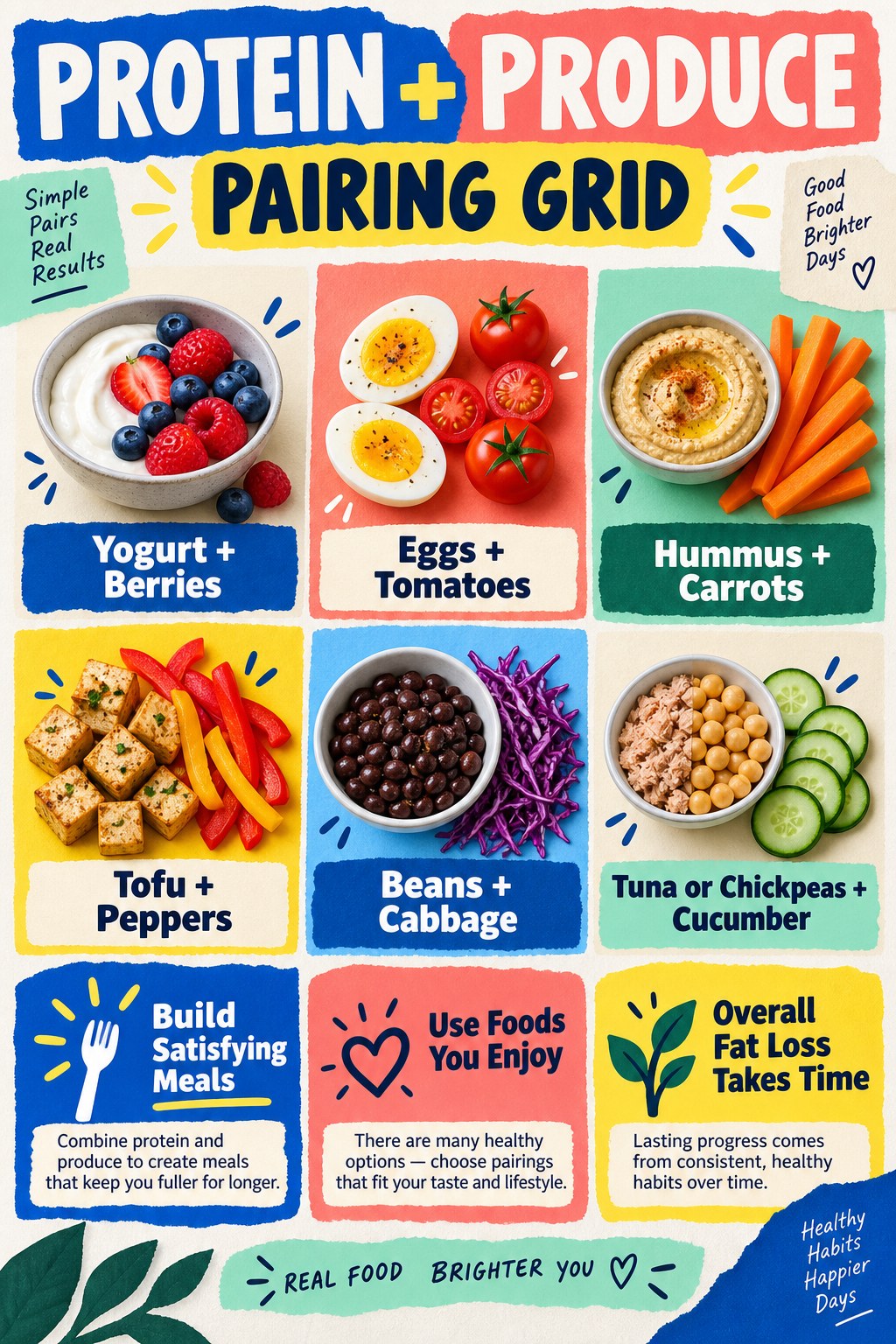 Portrait pairing grid with yogurt and berries, eggs and tomatoes, hummus and carrots, tofu and peppers, beans and cabbage, and tuna or chickpeas with cucumber.