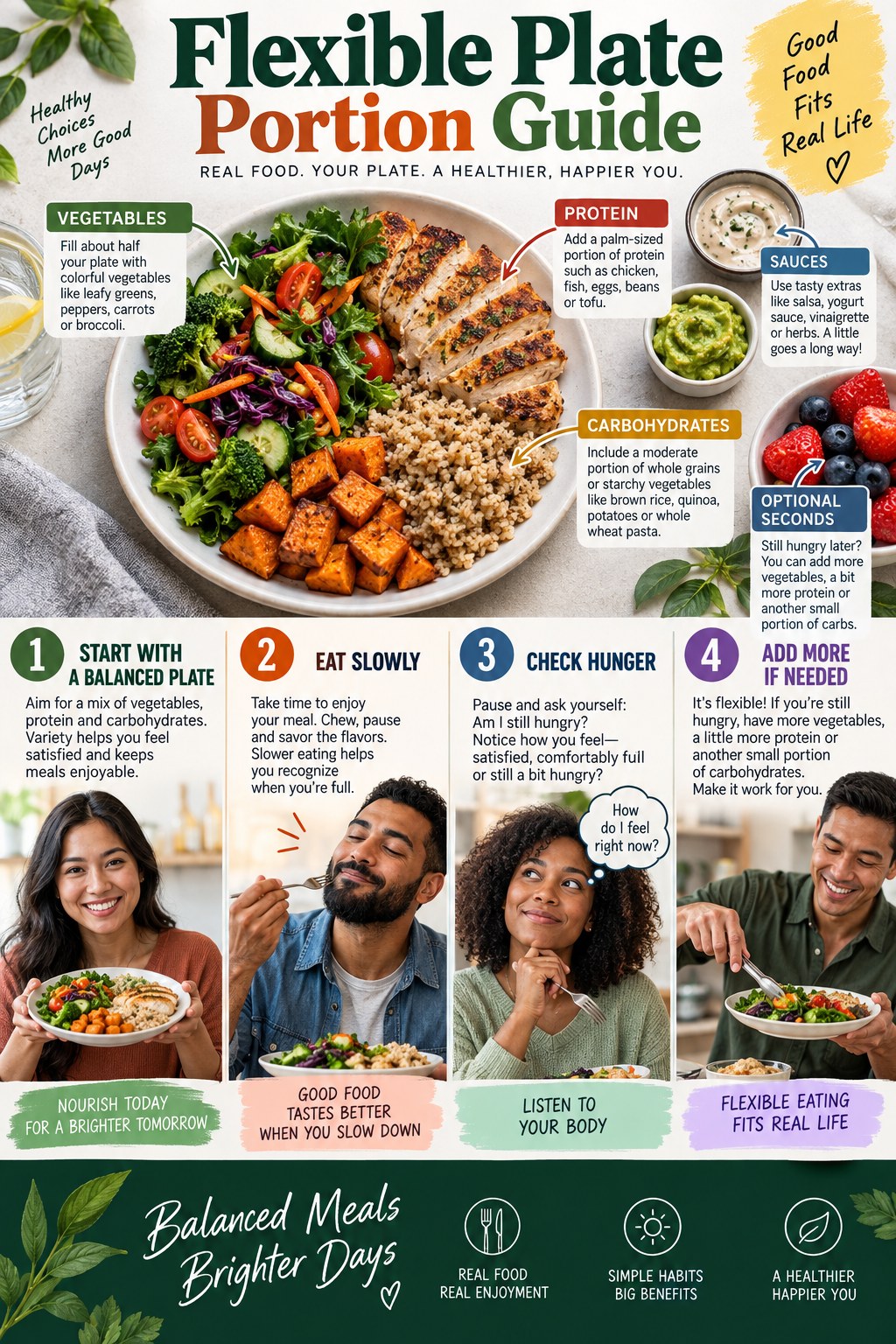 Portrait infographic showing four protein-rich breakfast options based on eggs, yogurt, tofu and beans with oats, toast, fruit, vegetables and potatoes.