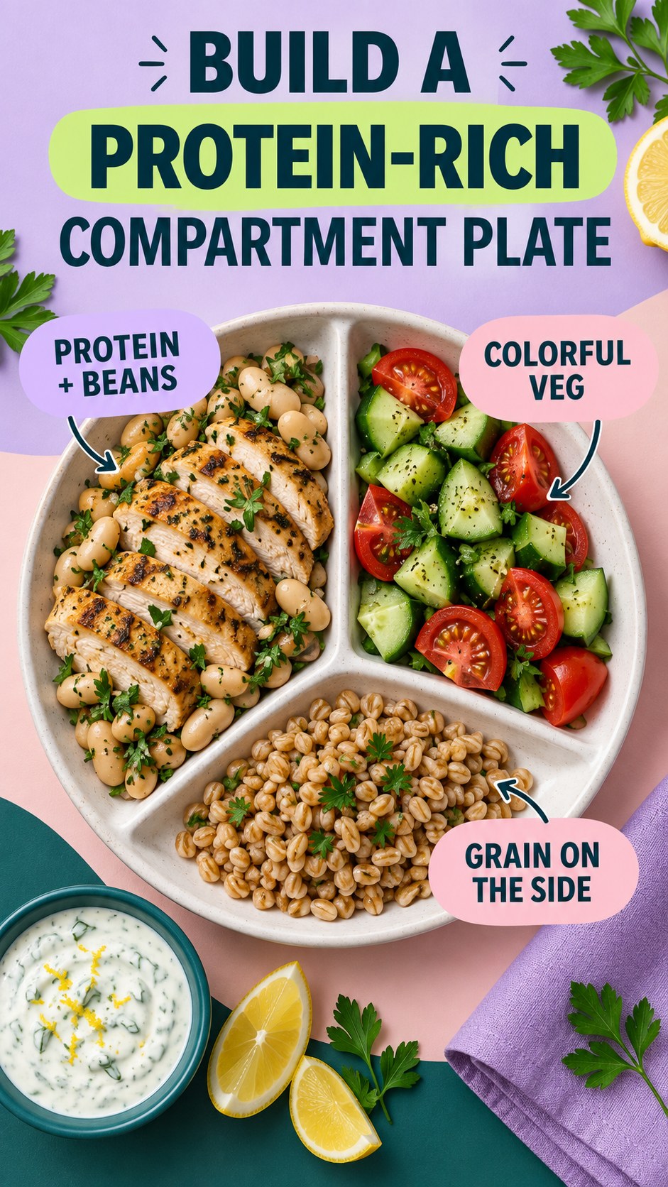 Divided plate with chicken and white beans, cucumber-tomato vegetables, farro, and yogurt dressing