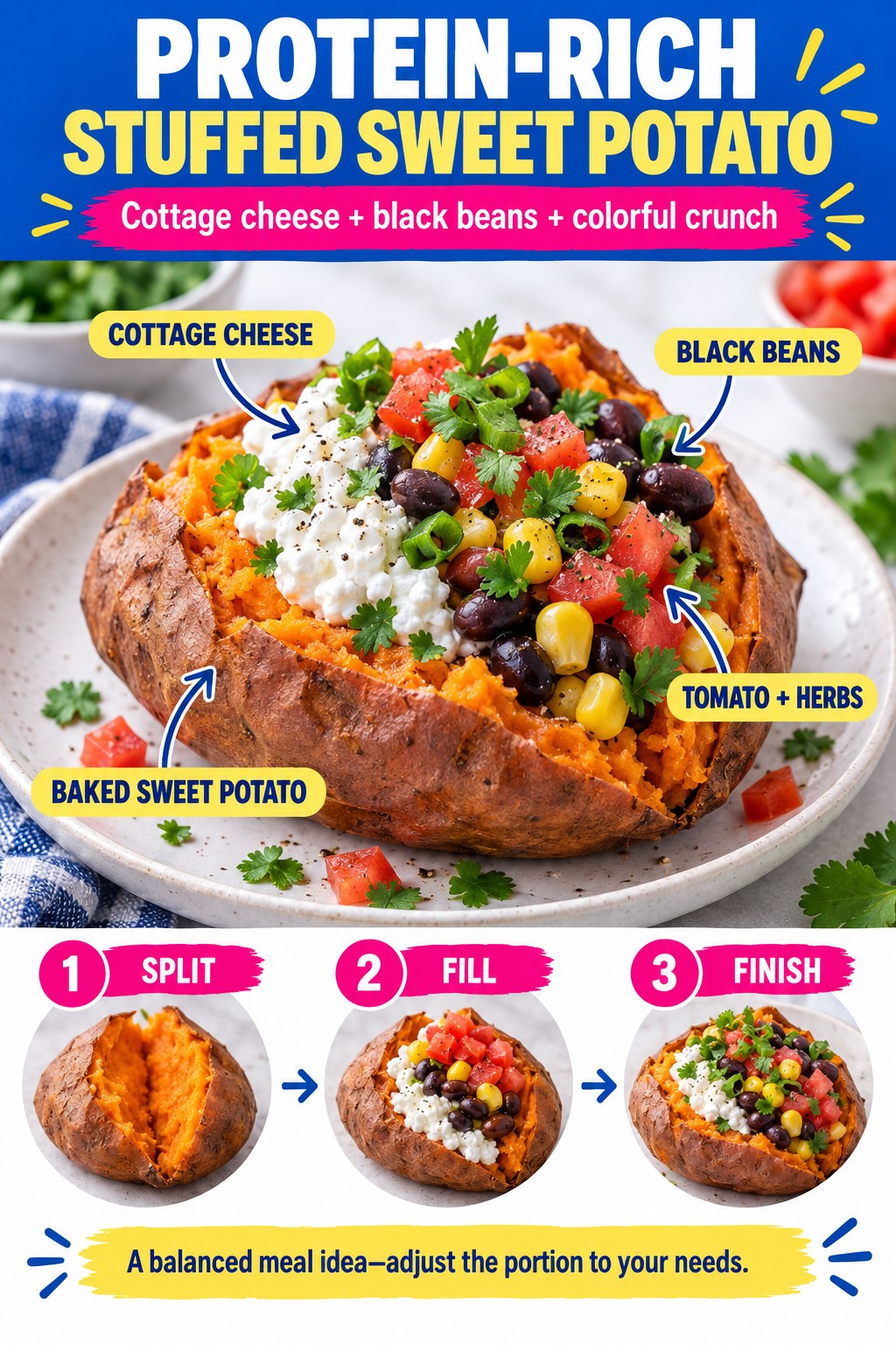 Infographic showing a baked sweet potato filled with cottage cheese, black beans, tomato, herbs, and crisp vegetables