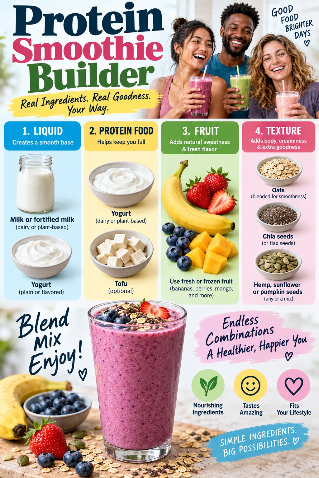 Portrait infographic showing a protein smoothie builder with liquid, yogurt or tofu, fruit, oats, seeds and optional greens.