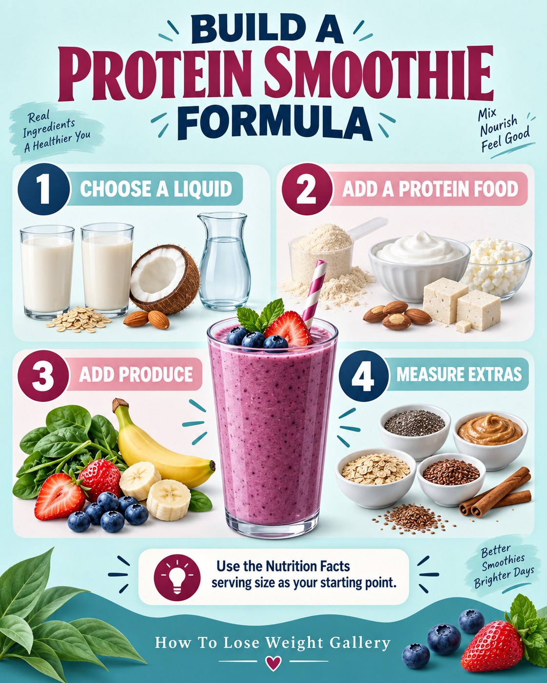 Four-step protein smoothie formula infographic with liquid, protein food, produce, and measured extras
