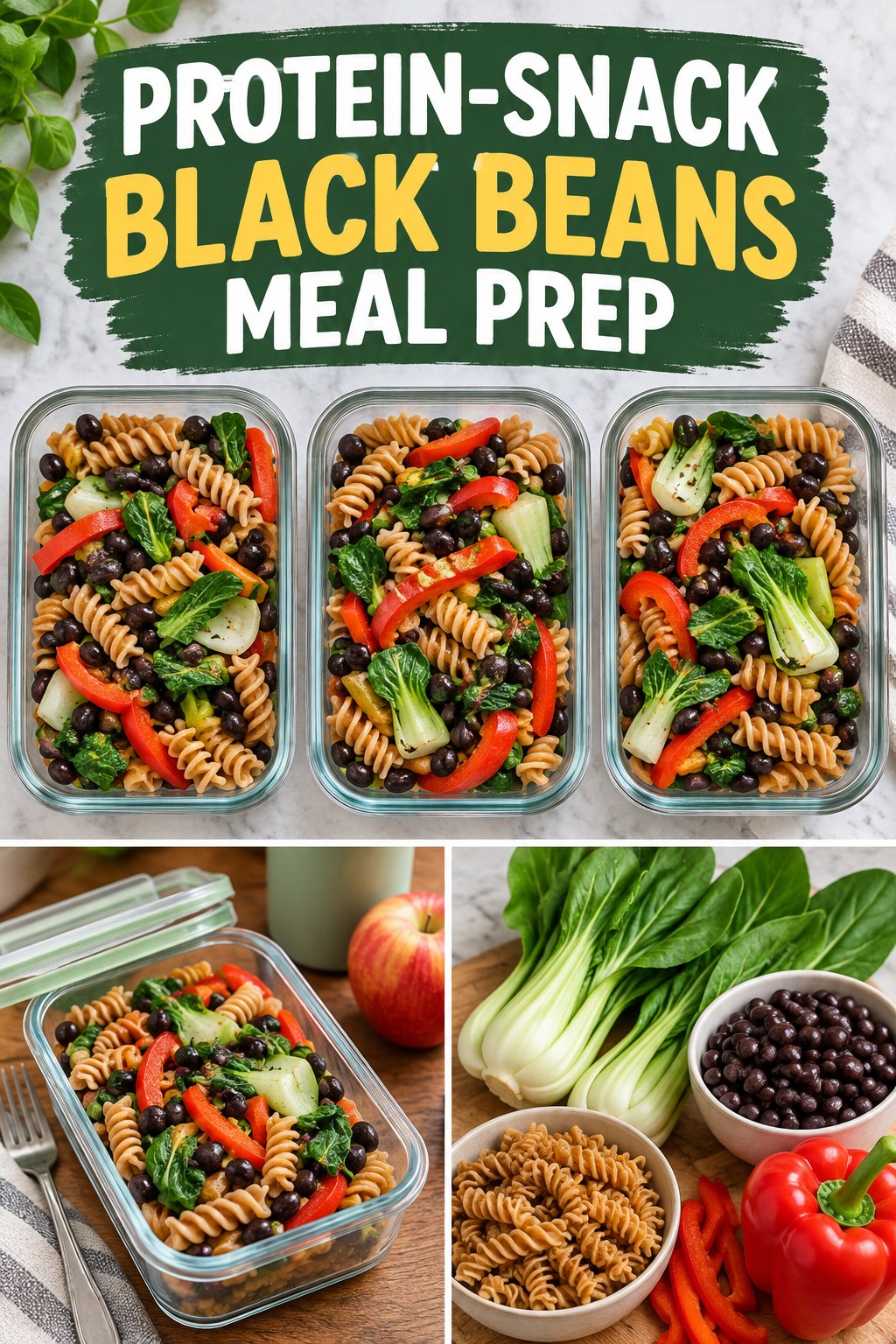 Three containers of protein-snack black beans whole-grain pasta prep boxes with black beans, whole-grain pasta, bok choy, and bell pepper.