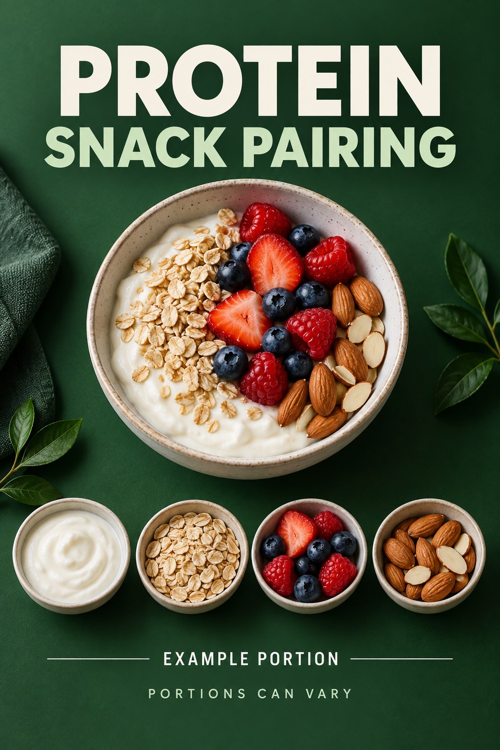 Protein Snack Pairing visual using plain yogurt, oats, berries, and almonds as flexible example portions for High Protein Snacks.