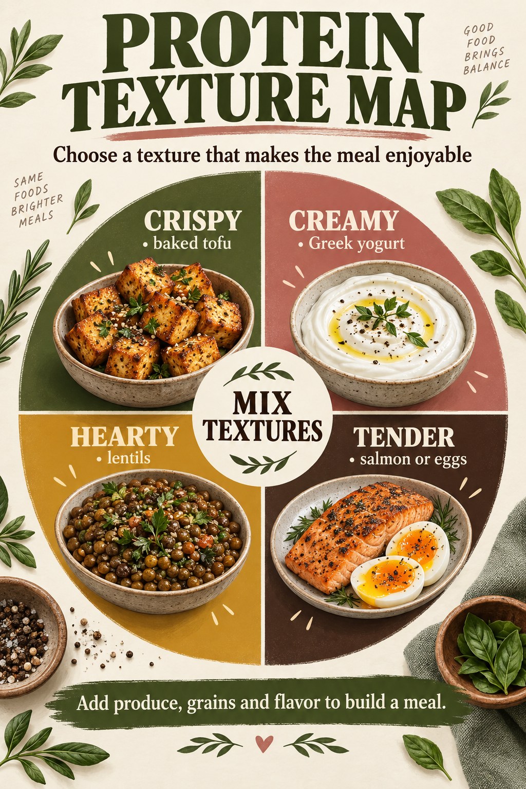 Circular texture map infographic with baked tofu, Greek yogurt, lentils, salmon, and eggs in four sections