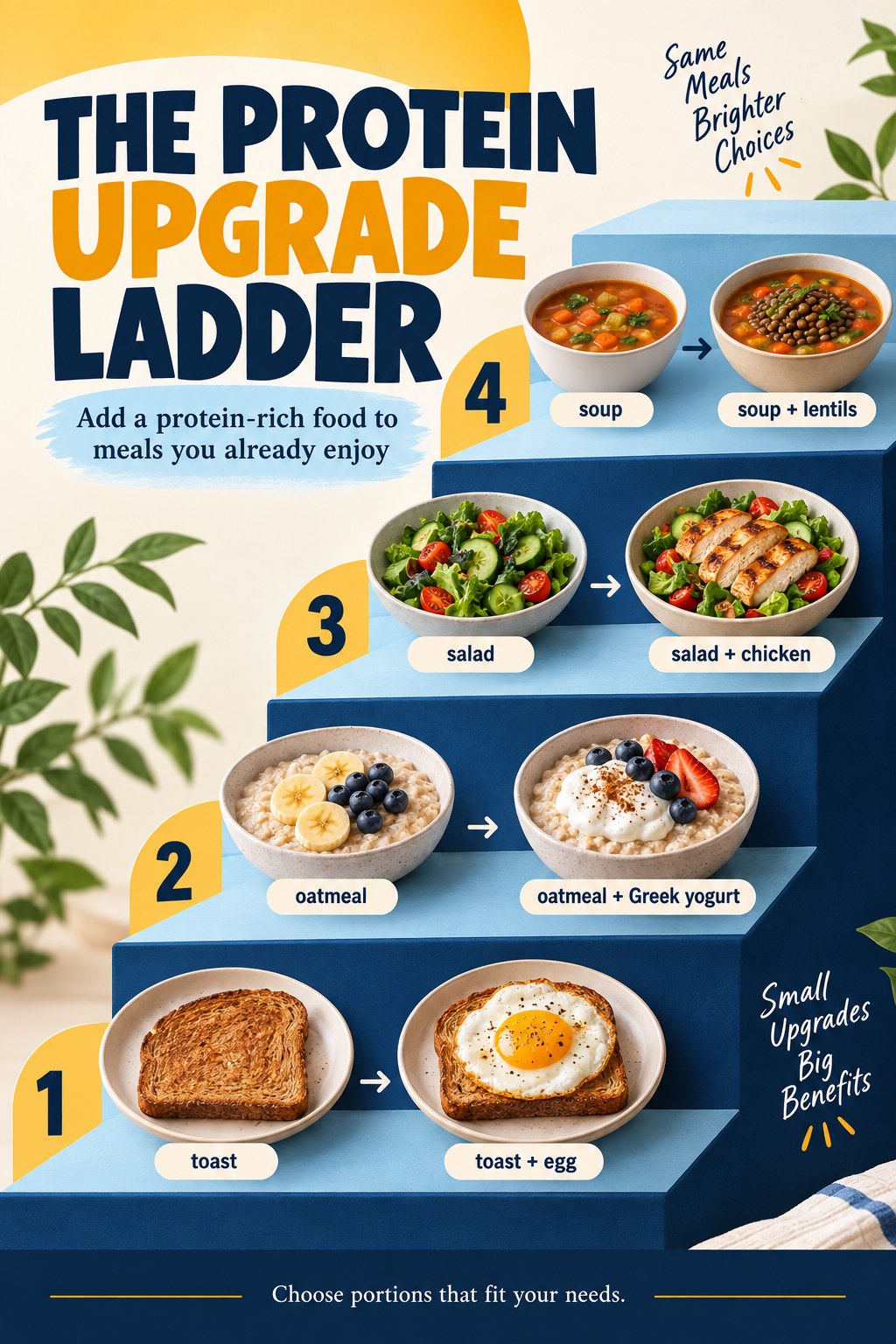 Staircase infographic showing toast, oatmeal, salad, and soup upgraded with egg, Greek yogurt, chicken, and lentils