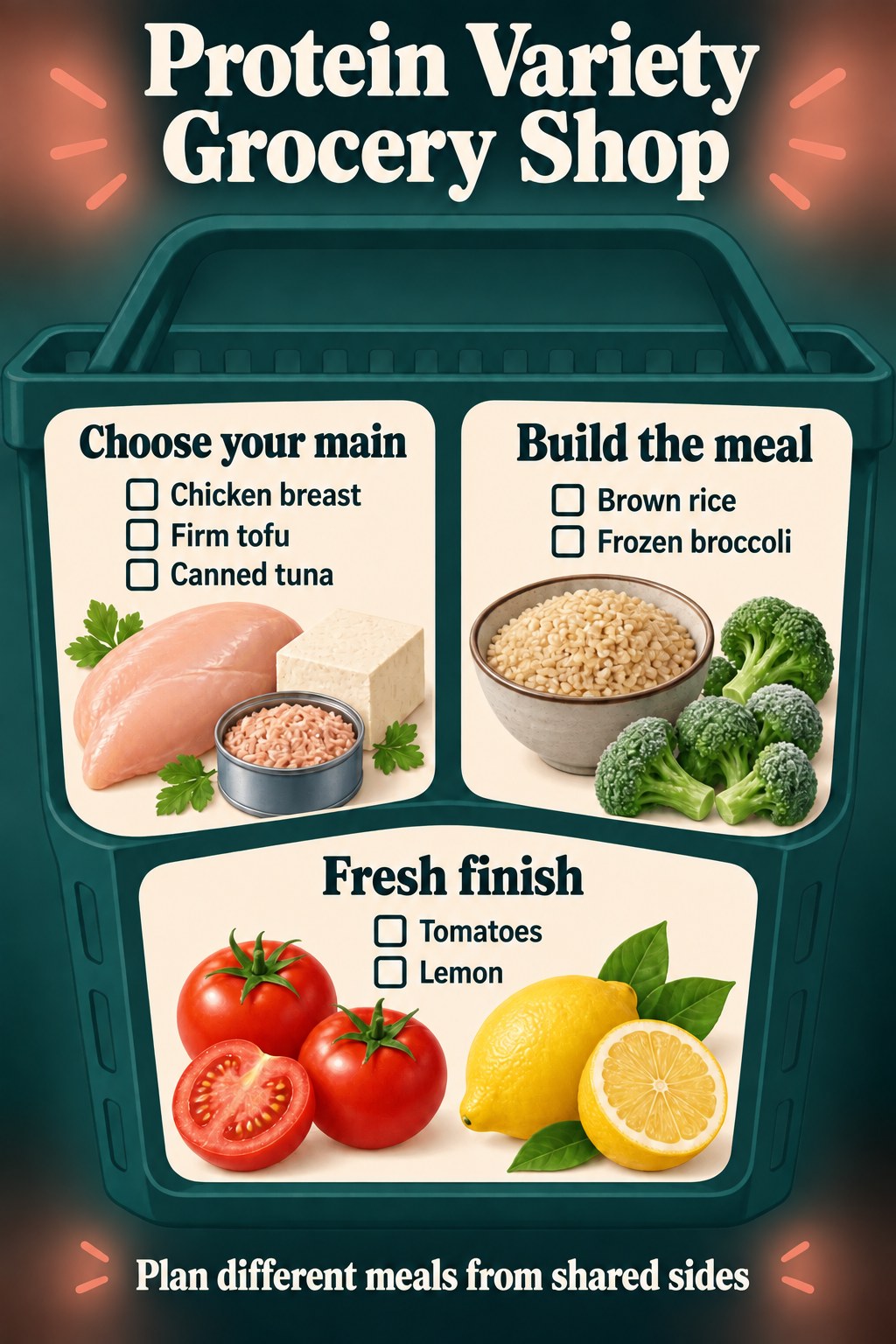 Peach and teal basket checklist with chicken, tofu, tuna, brown rice, broccoli, tomatoes and lemon.