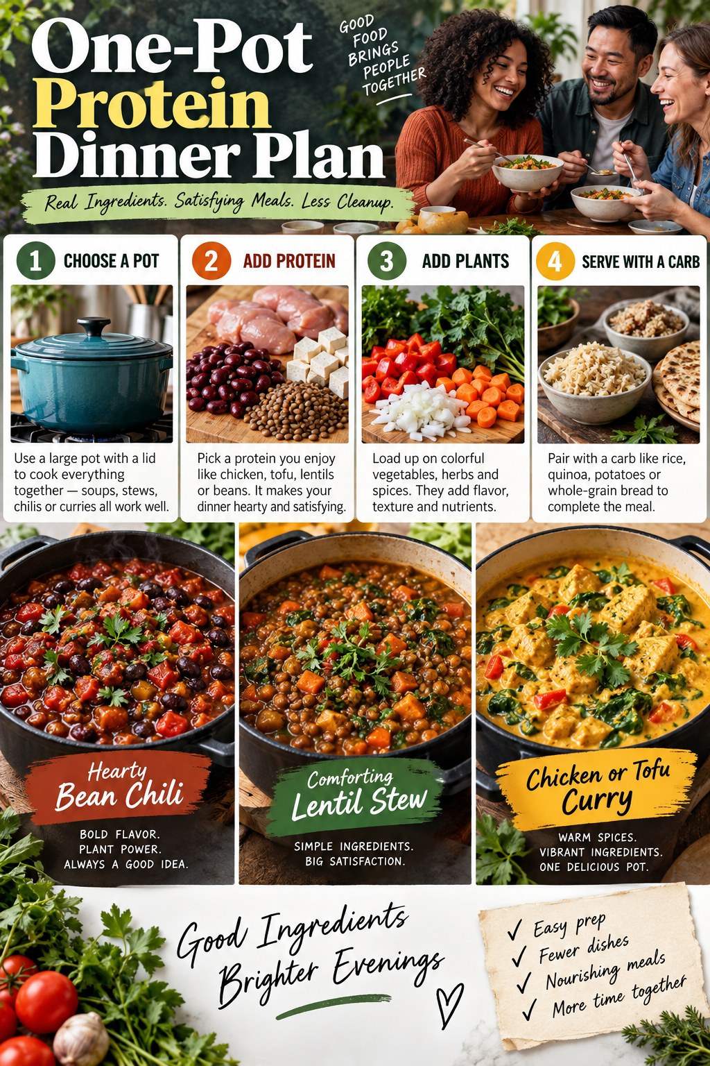 Portrait infographic showing protein variety across beans, lentils, tofu, eggs, dairy or alternatives, fish and poultry with balanced meal examples.