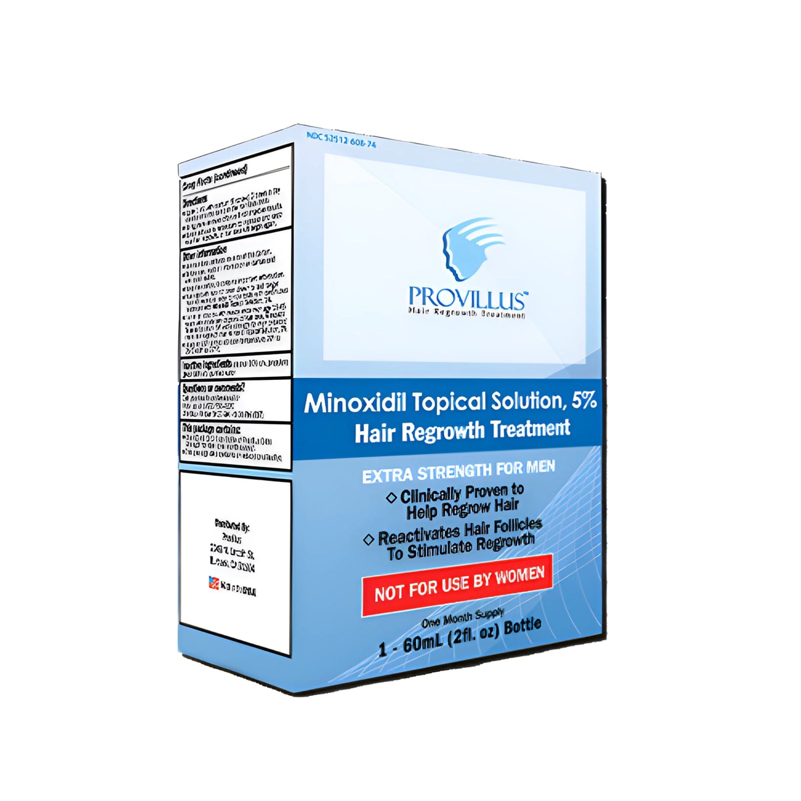 Provillus Minoxidil 5% topical hair regrowth treatment for men, blue box labeled 60 mL