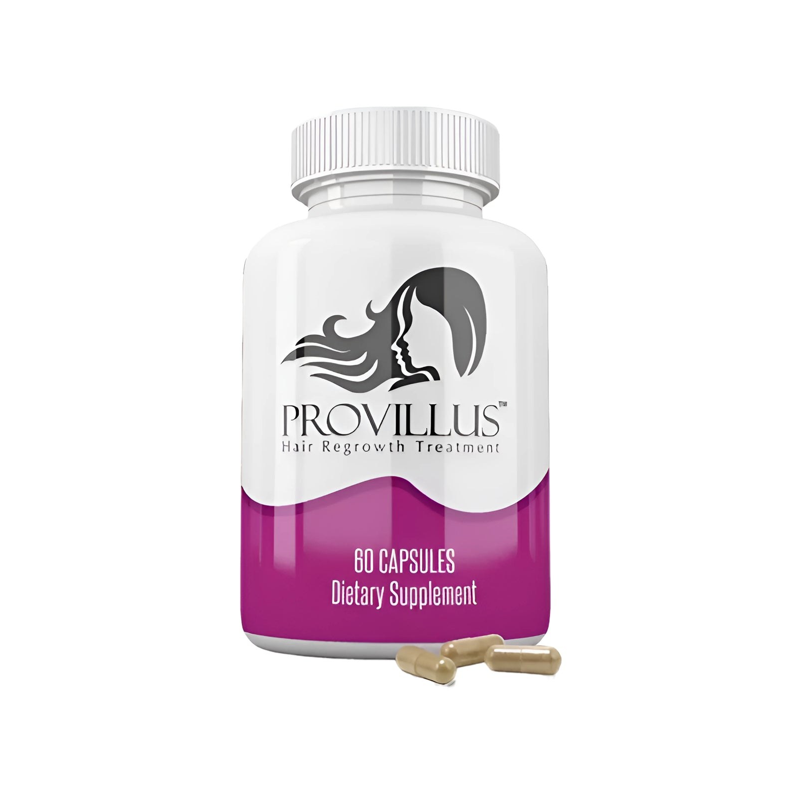 Provillus Women dietary supplement bottle with a white and purple label showing 60 capsules
