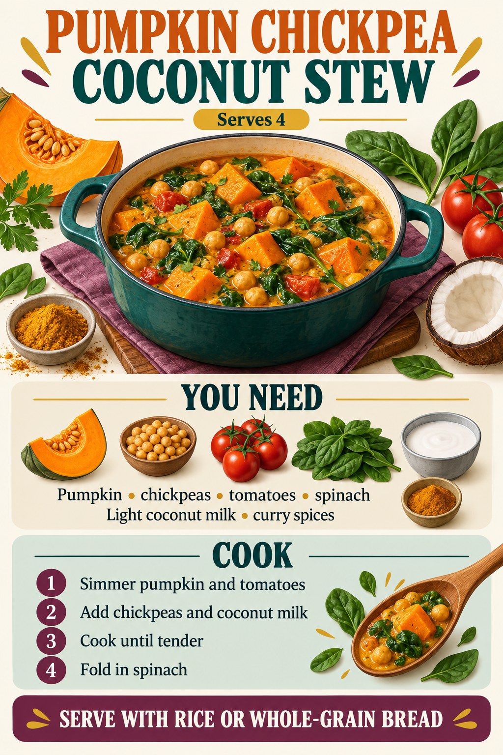 Pumpkin chickpea coconut stew recipe infographic with four steps