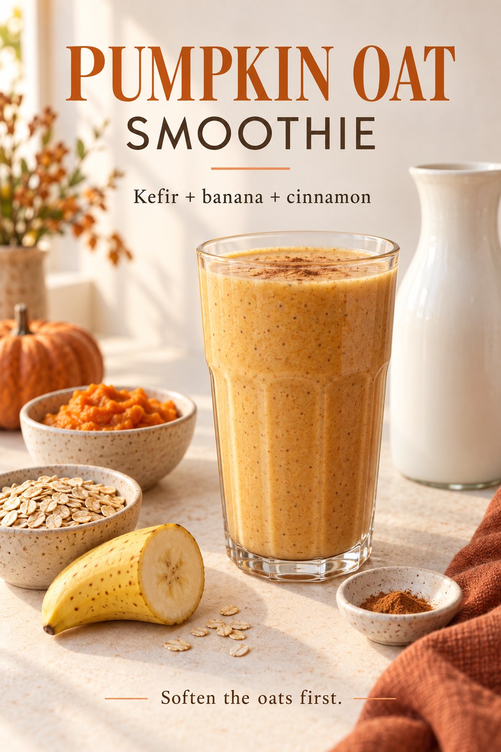 Orange pumpkin oat smoothie in a glass with pumpkin puree, oats, banana, and cinnamon under a breakfast smoothie headline.