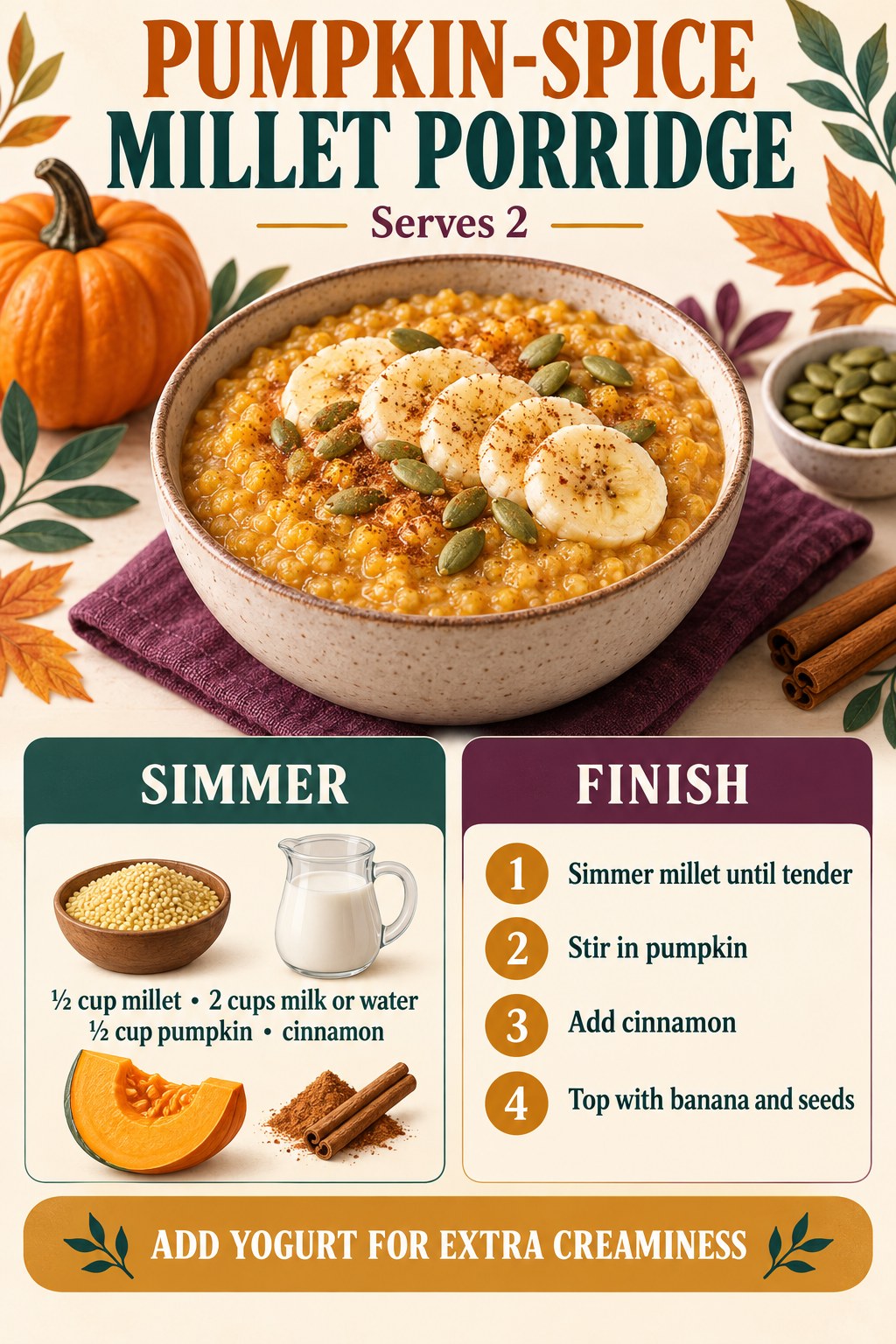 Pumpkin-spice millet porridge recipe infographic for two servings