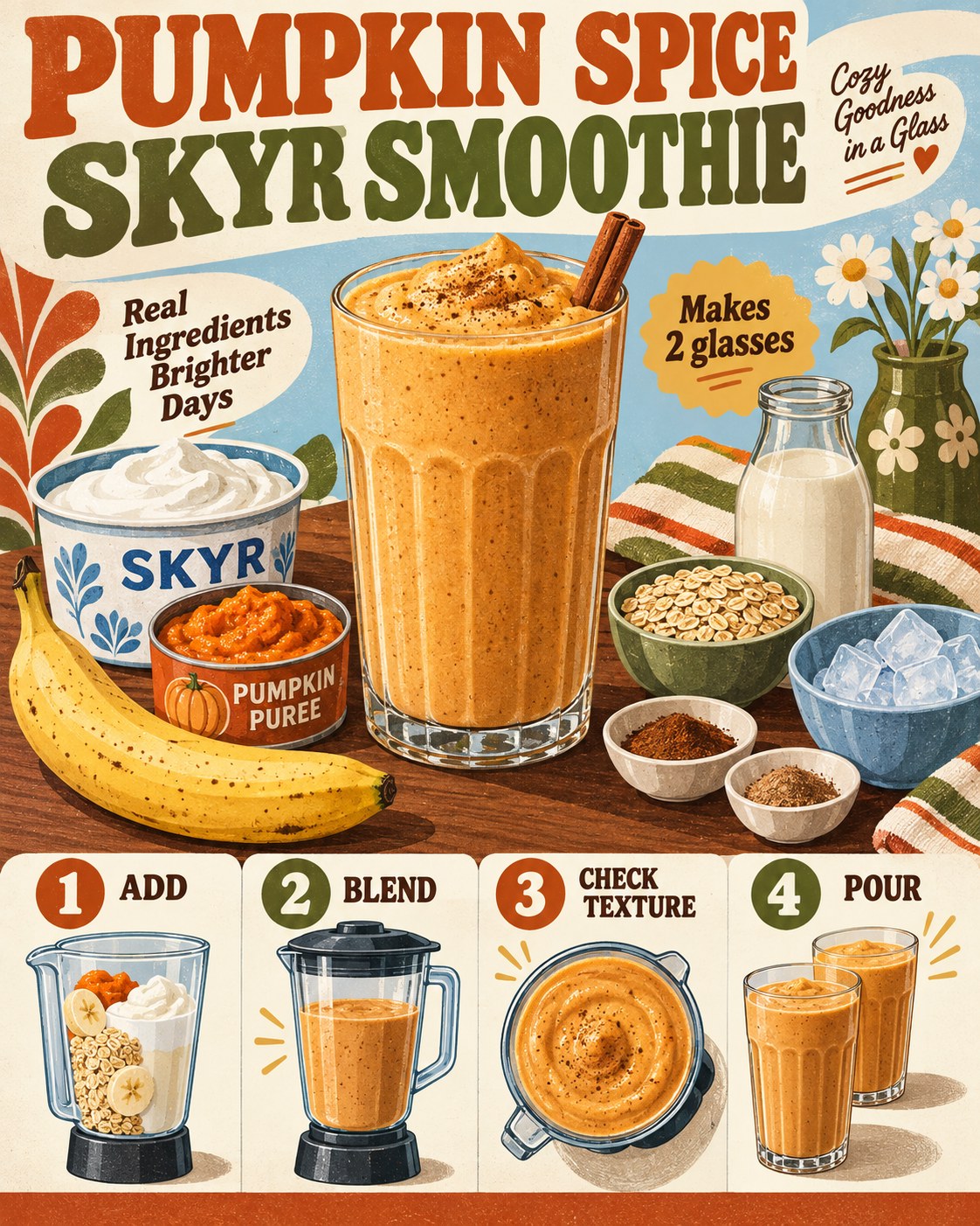 Orange pumpkin smoothie infographic with skyr, pumpkin, banana, milk, oats, spices, ice, and four blending steps.