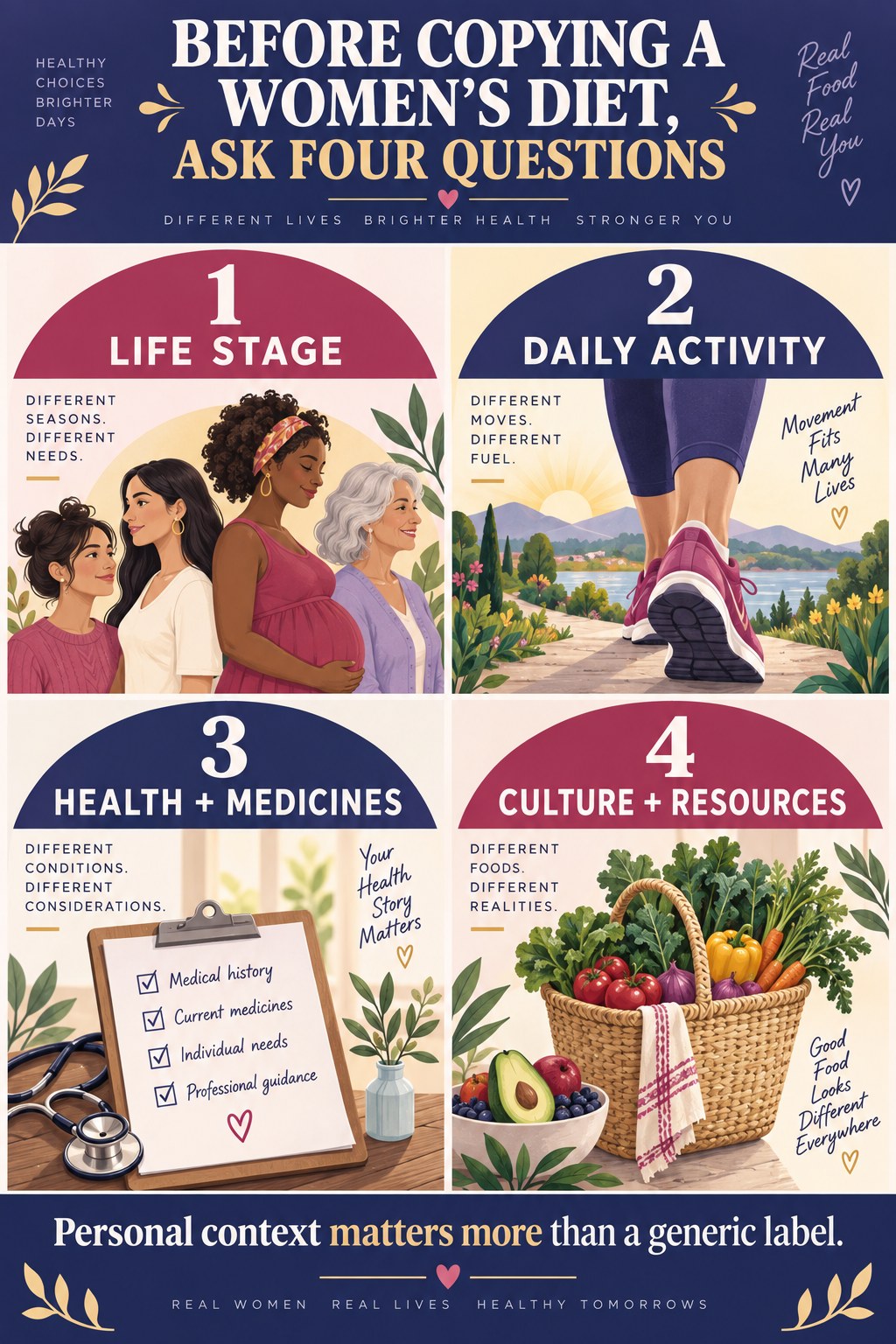 Indigo and raspberry four-panel infographic about life stage, activity, health and medicines, and culture and resources for women.