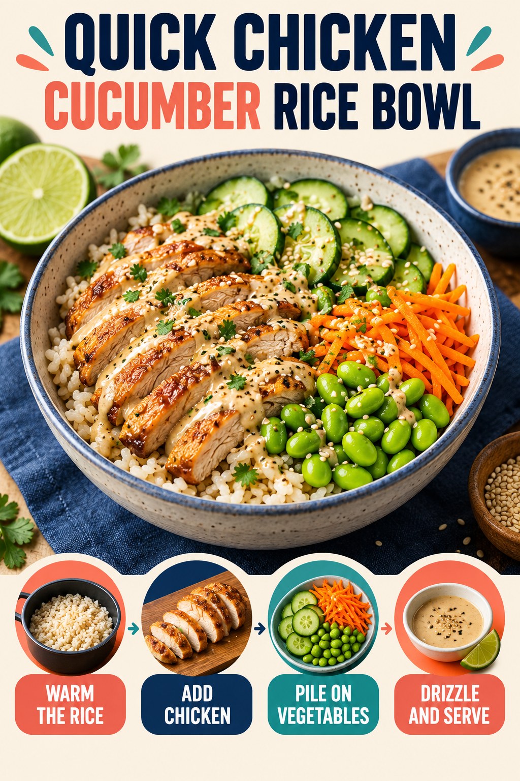 Portrait recipe infographic showing chicken, rice, cucumber, carrot, edamame, dressing, and four quick assembly steps.