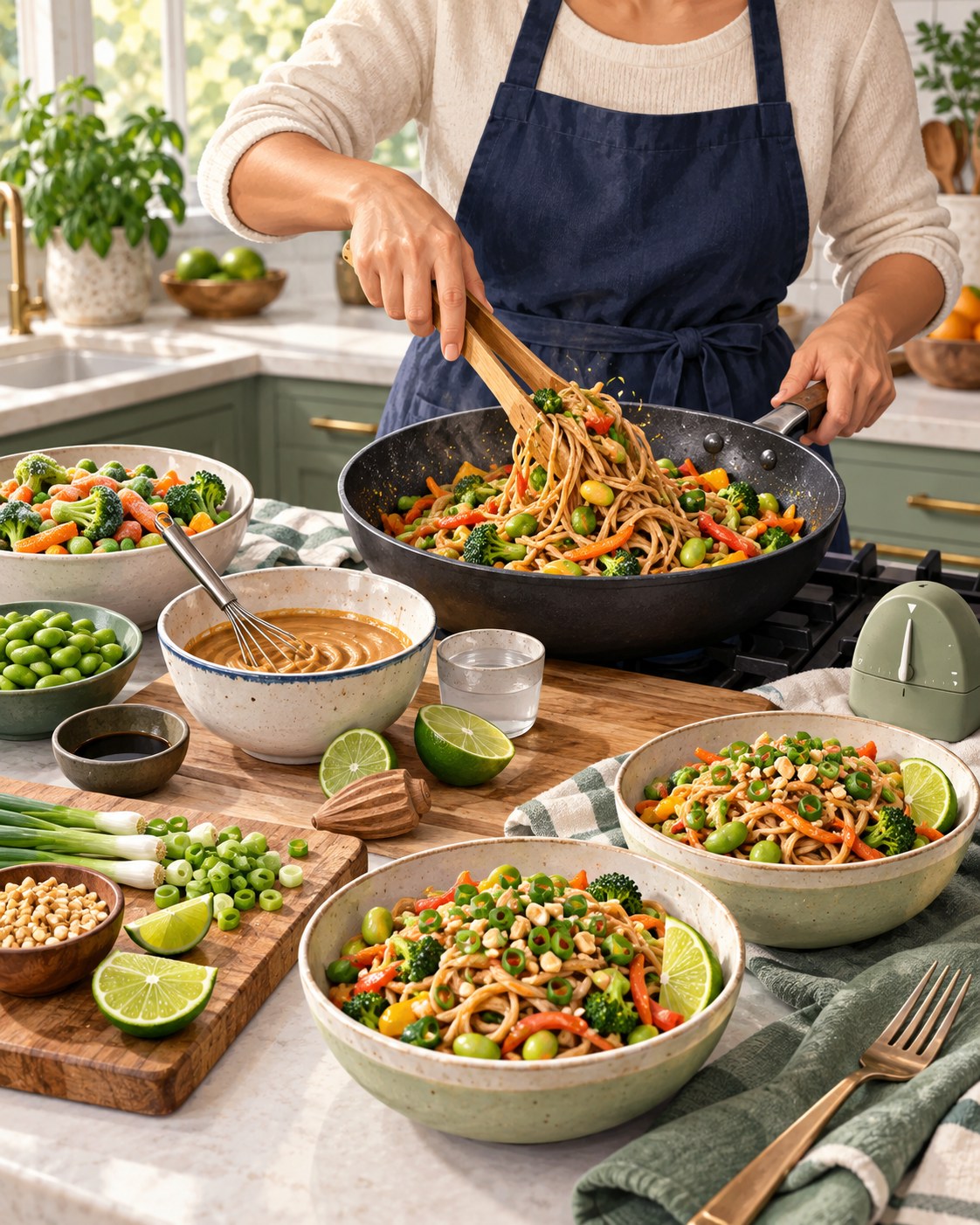 Cook tossing whole-grain noodles, edamame, and vegetables with peanut-lime sauce