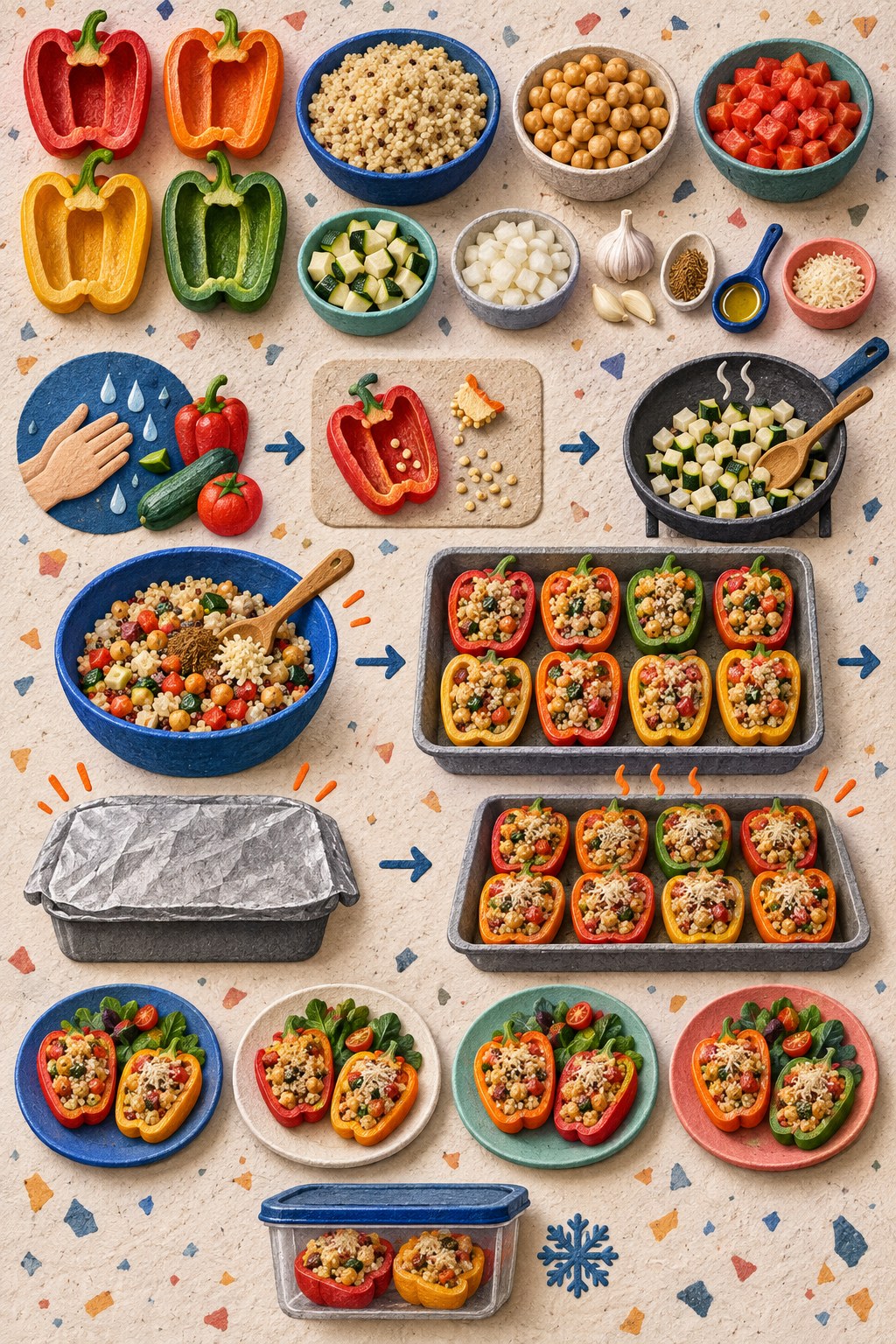 Paper-pulp relief recipe infographic showing stuffed-pepper ingredients, skillet filling, eight baked halves, four plates, and storage.