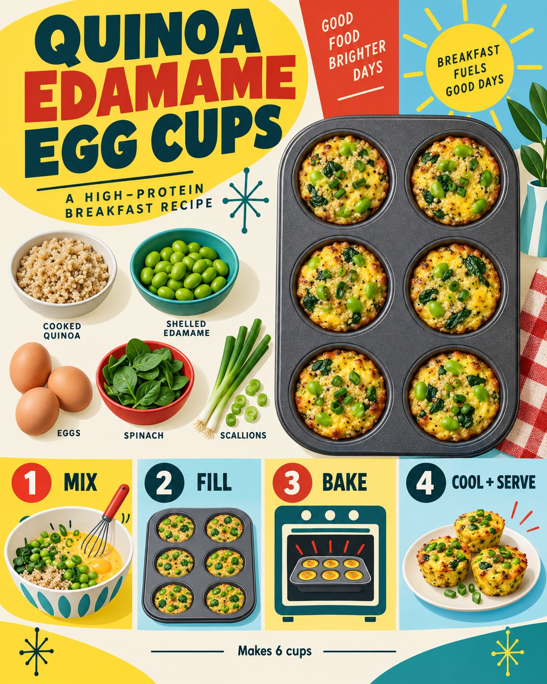 Yellow, teal, red, sky blue, cream, and charcoal mid-century infographic for quinoa-edamame egg breakfast cups.