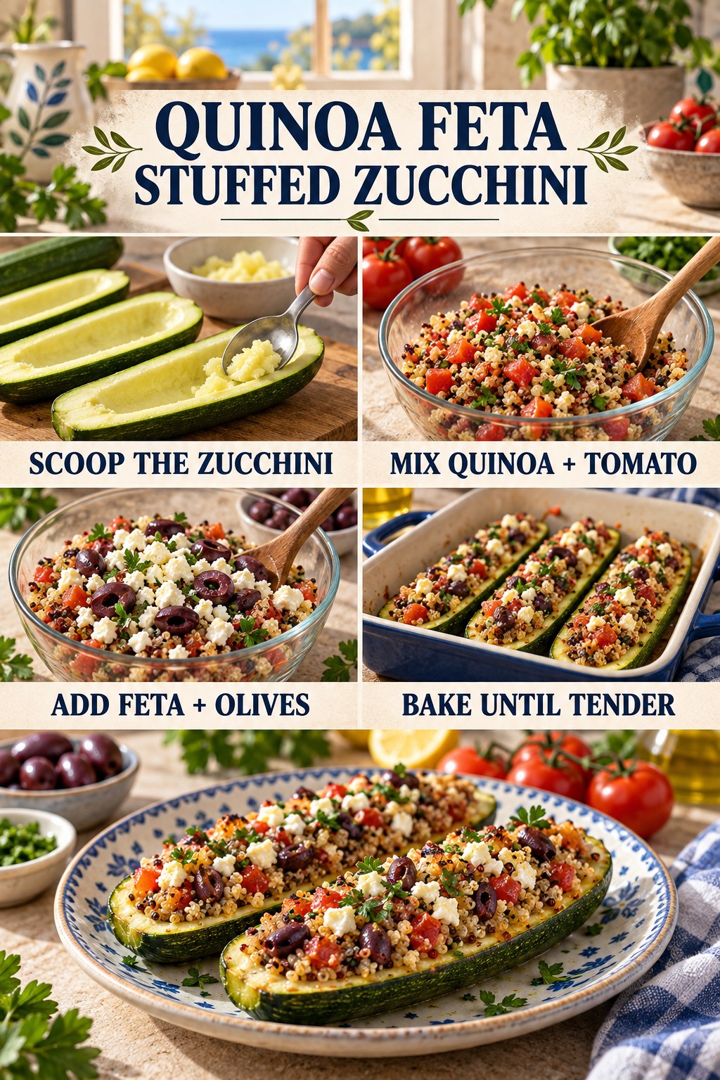 Quinoa feta stuffed zucchini infographic showing hollowed zucchini, quinoa and tomatoes, feta and olives, baking, and a finished plate.