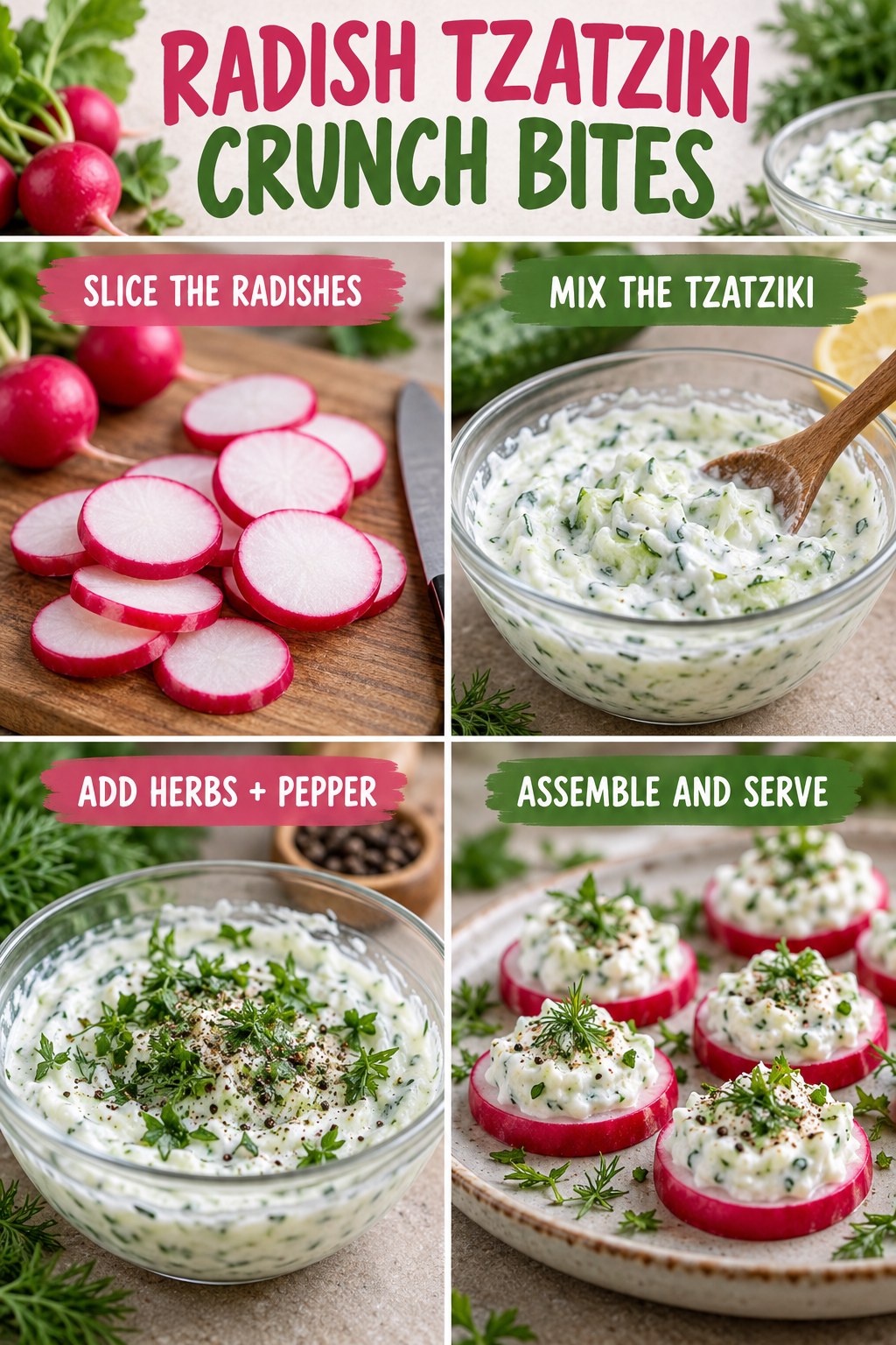 Radish tzatziki crunch bites infographic with sliced radishes, cucumber yogurt, herbs, and assembled bites.