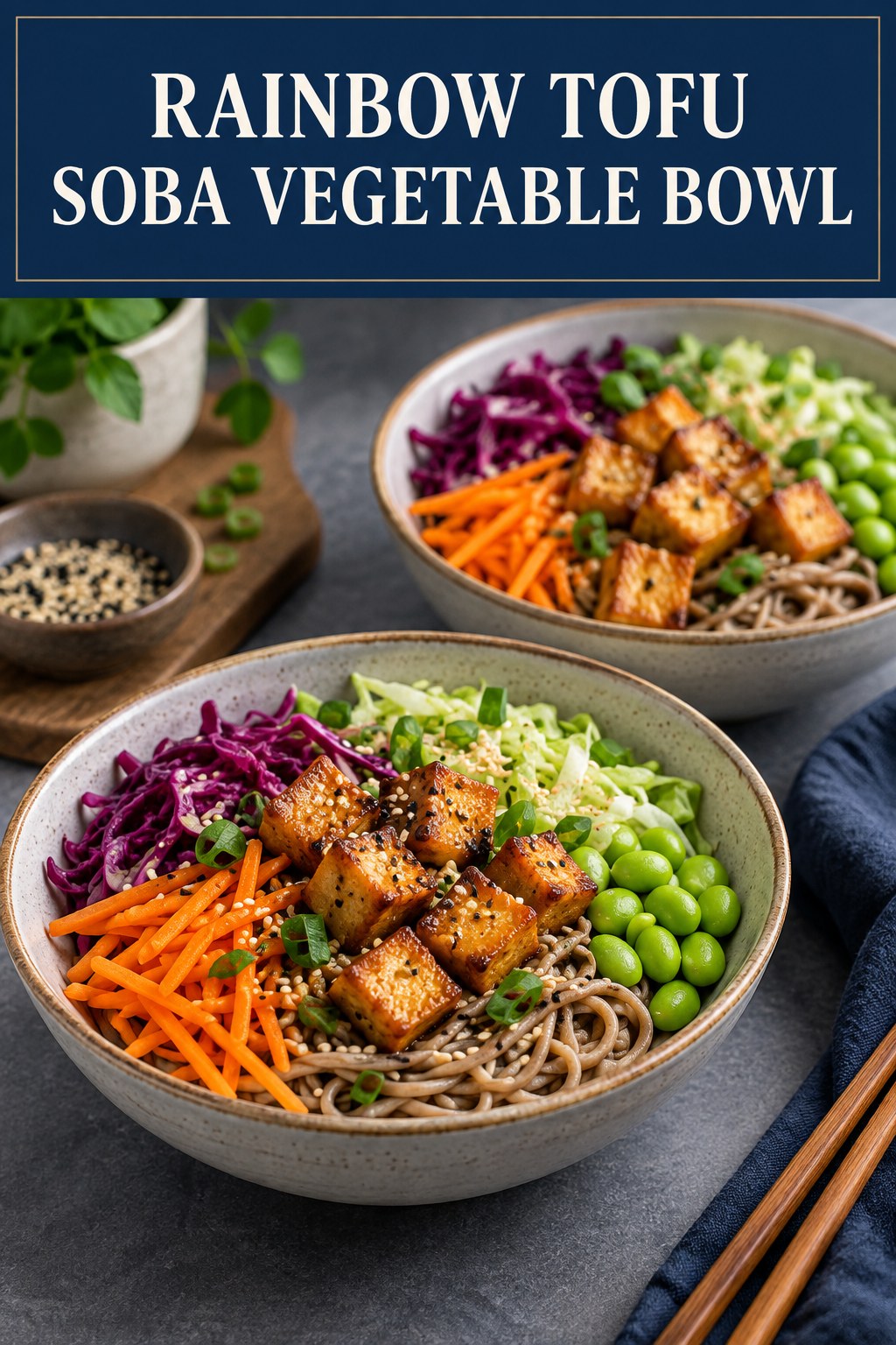 Two servings of rainbow tofu soba vegetable bowl made with tofu, soba noodles, and vegetables.