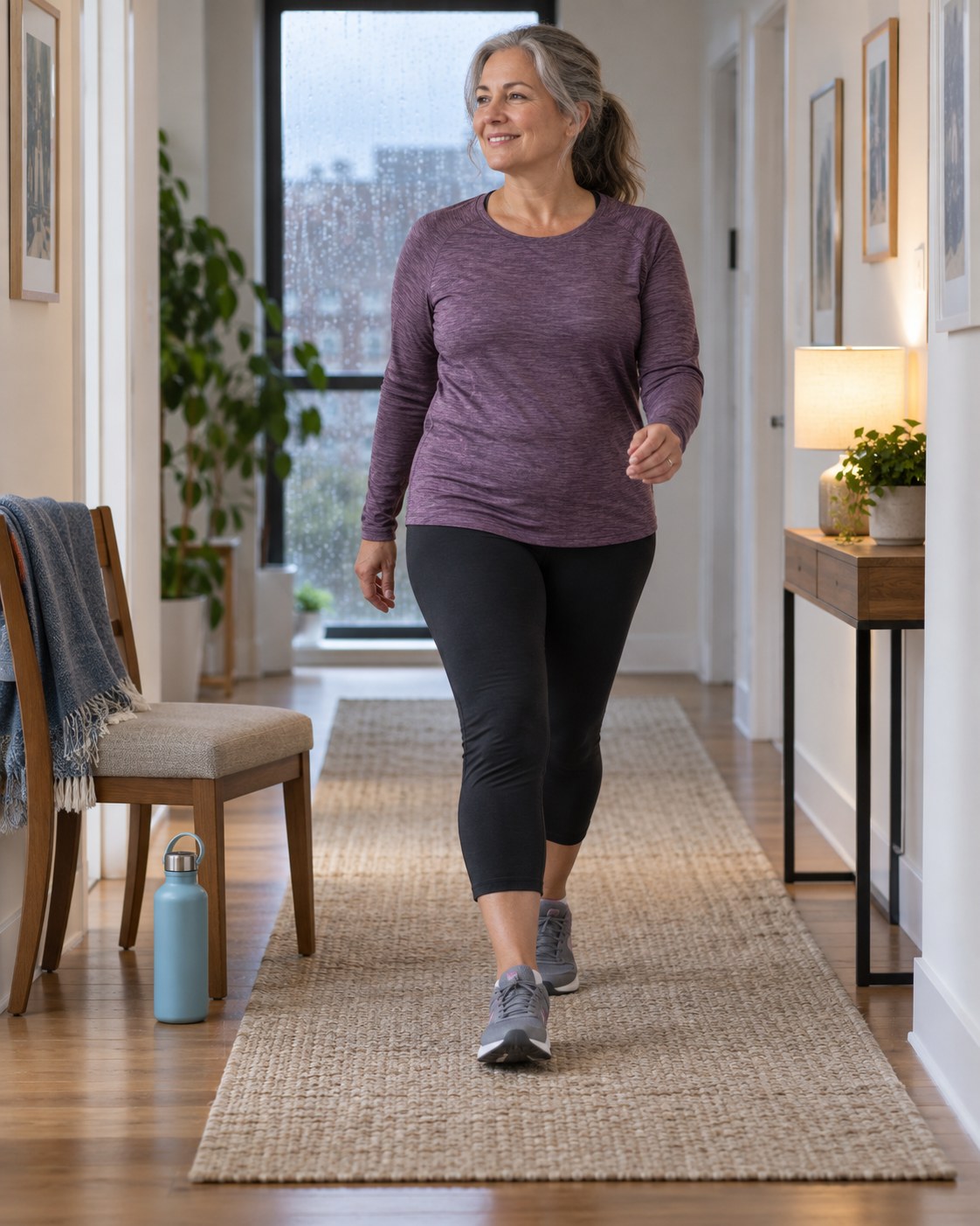 Adult walking through a clear home hallway on a rainy day with a sturdy chair and water bottle nearby