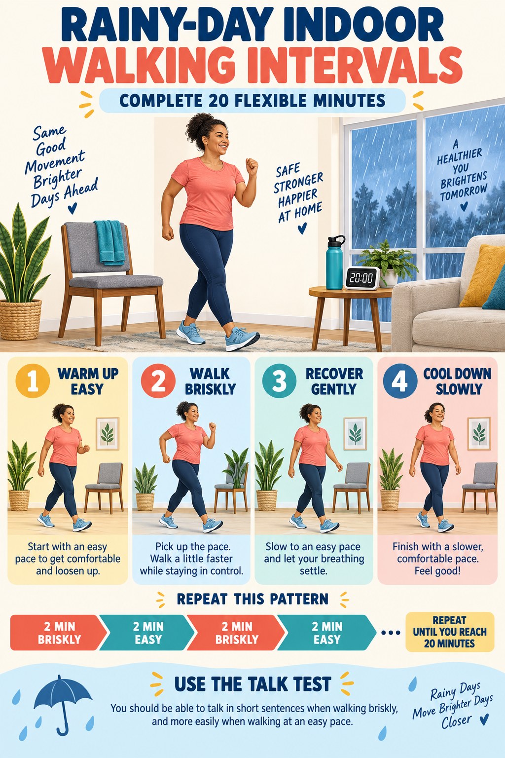 Indoor walking interval infographic with easy marching, brisk walking, side steps, and cool-down.