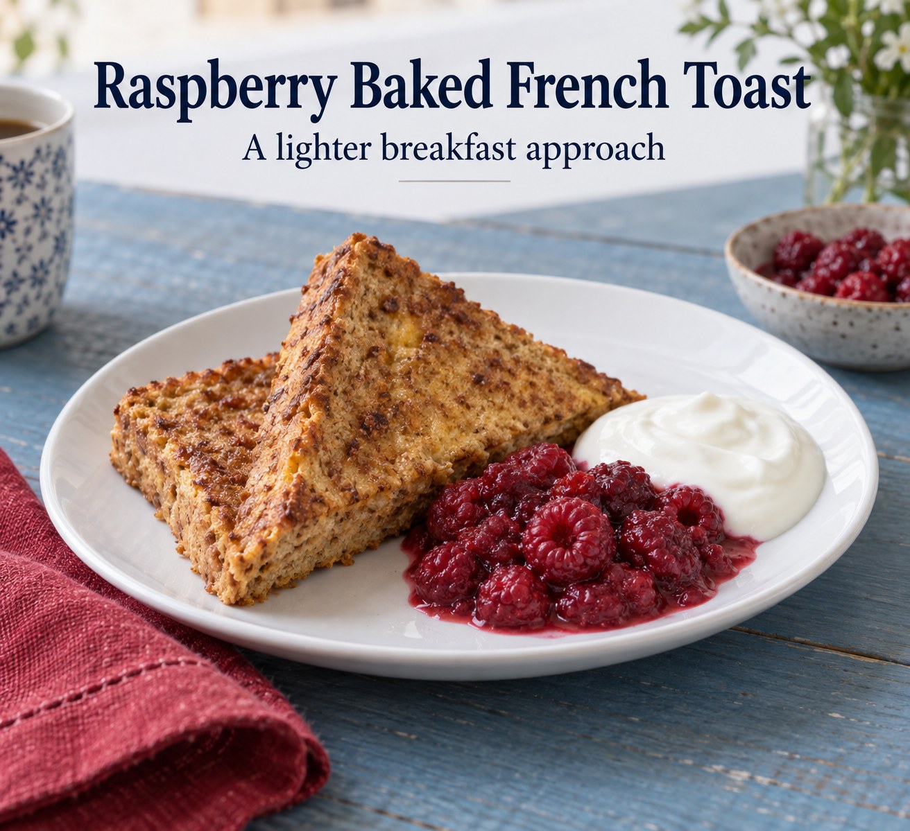 Baked French toast triangles with raspberries and yogurt beneath the words Raspberry Baked French Toast.