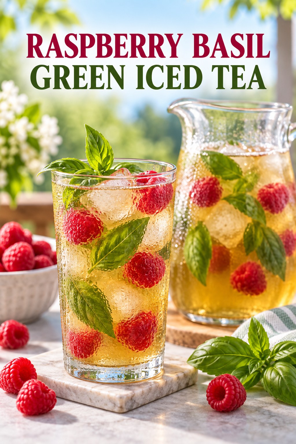 Portrait drink scene with raspberry, fresh basil, ice, and a chilled glass of green iced tea.
