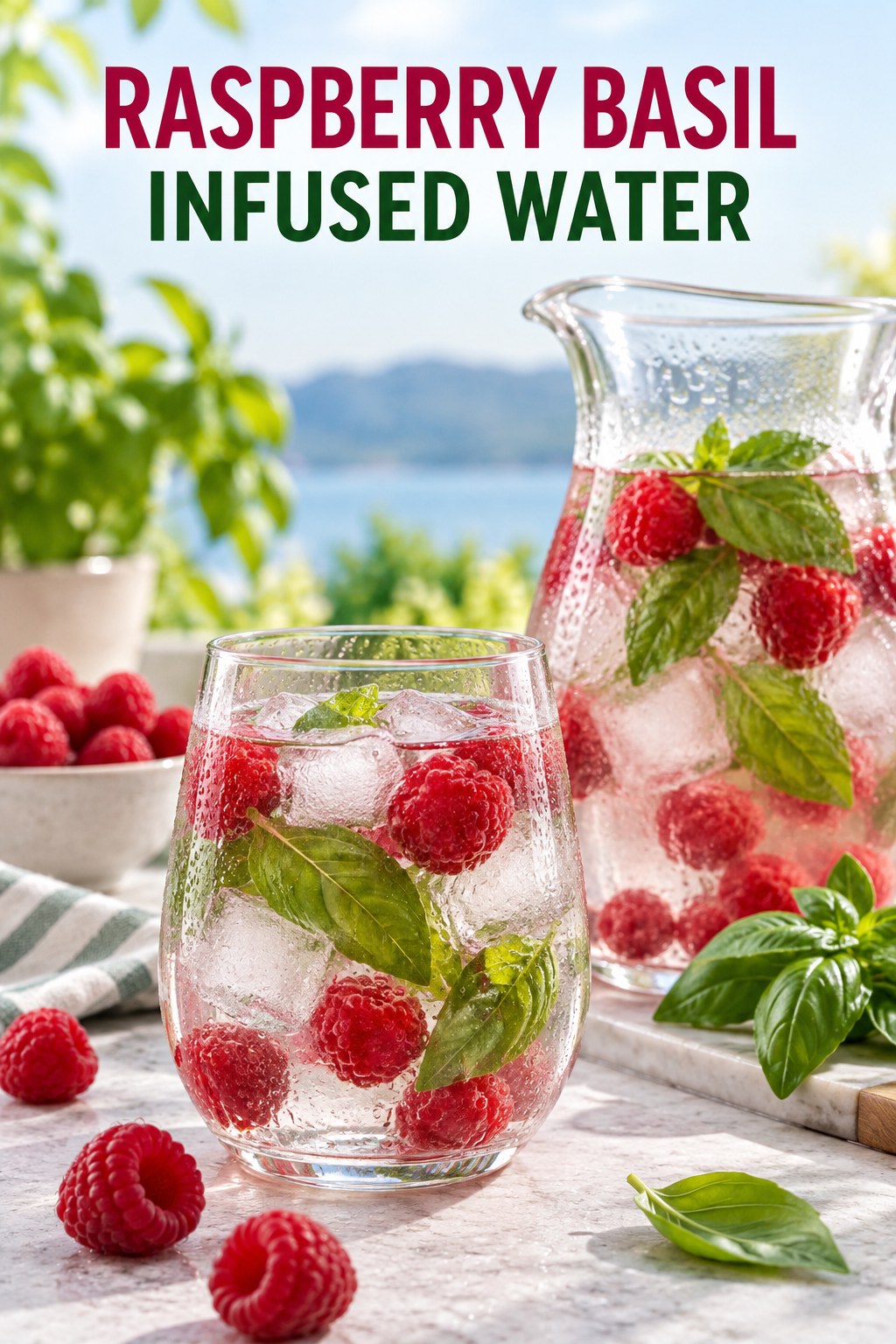Portrait drink scene with raspberry, fresh basil, ice, and a chilled glass of infused water.